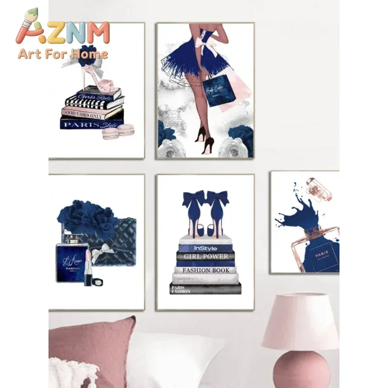 1pc frameless Nordic Simple Ink Aesthetic Fashion Lipstick Perfume Blue Rose HD  On Canvas Posters And Prints Home Bedroom Decor
