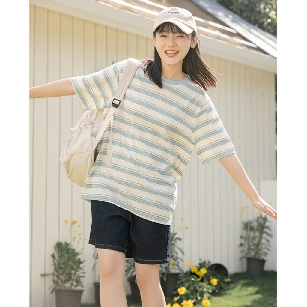 

Women's round Neck Striped T-shirt Short-Sleeved Casual Loose Top Half-Sleeved Summer New Japanese American Style
