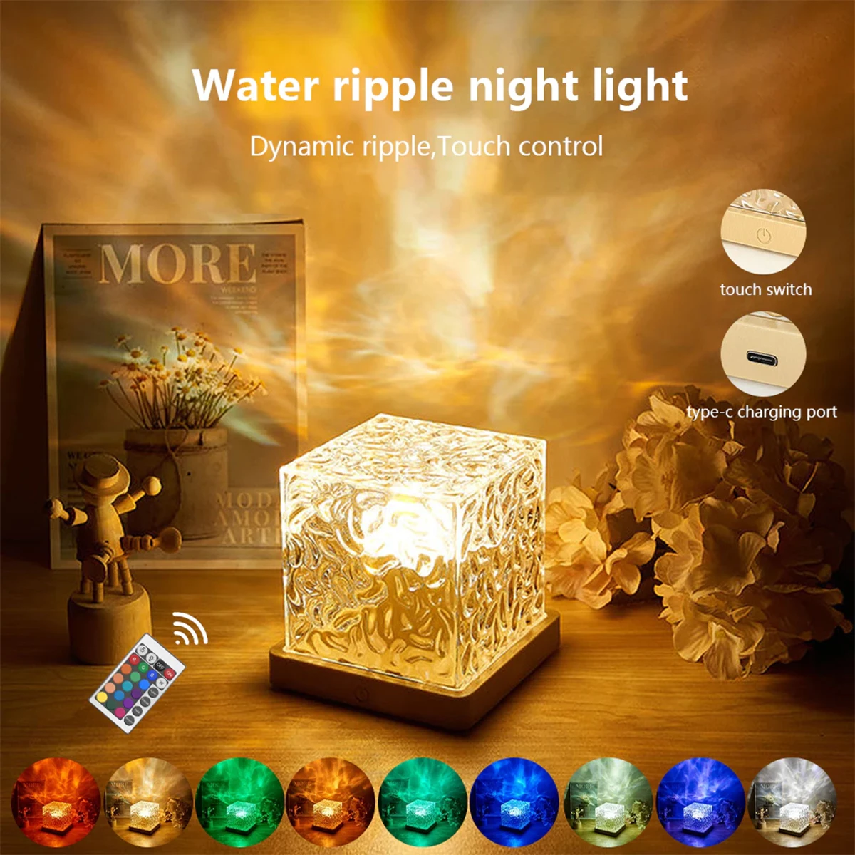 Square Led Rotating Water Ripple Light Colors Rechargeable Bedside 16 Desktop Ambient Child Colorful Portable Table Small Lights