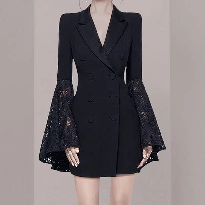 Insozkdg Spitze Patchwork Flare Ärmel Frauen Blazer Kleider schlanke Taille gekerbt zweireihige Büro Dame neue Sommer 2024 Kleid