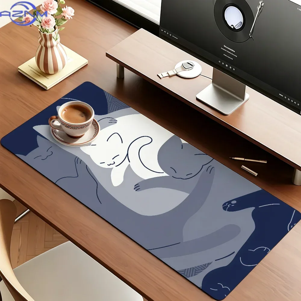 Navy Blue Abstract Sleeping Cat Line Art Extended Mousepad, Non-Slip Rubber Base Large Desk Mat, Smooth Surface for Gaming Offic