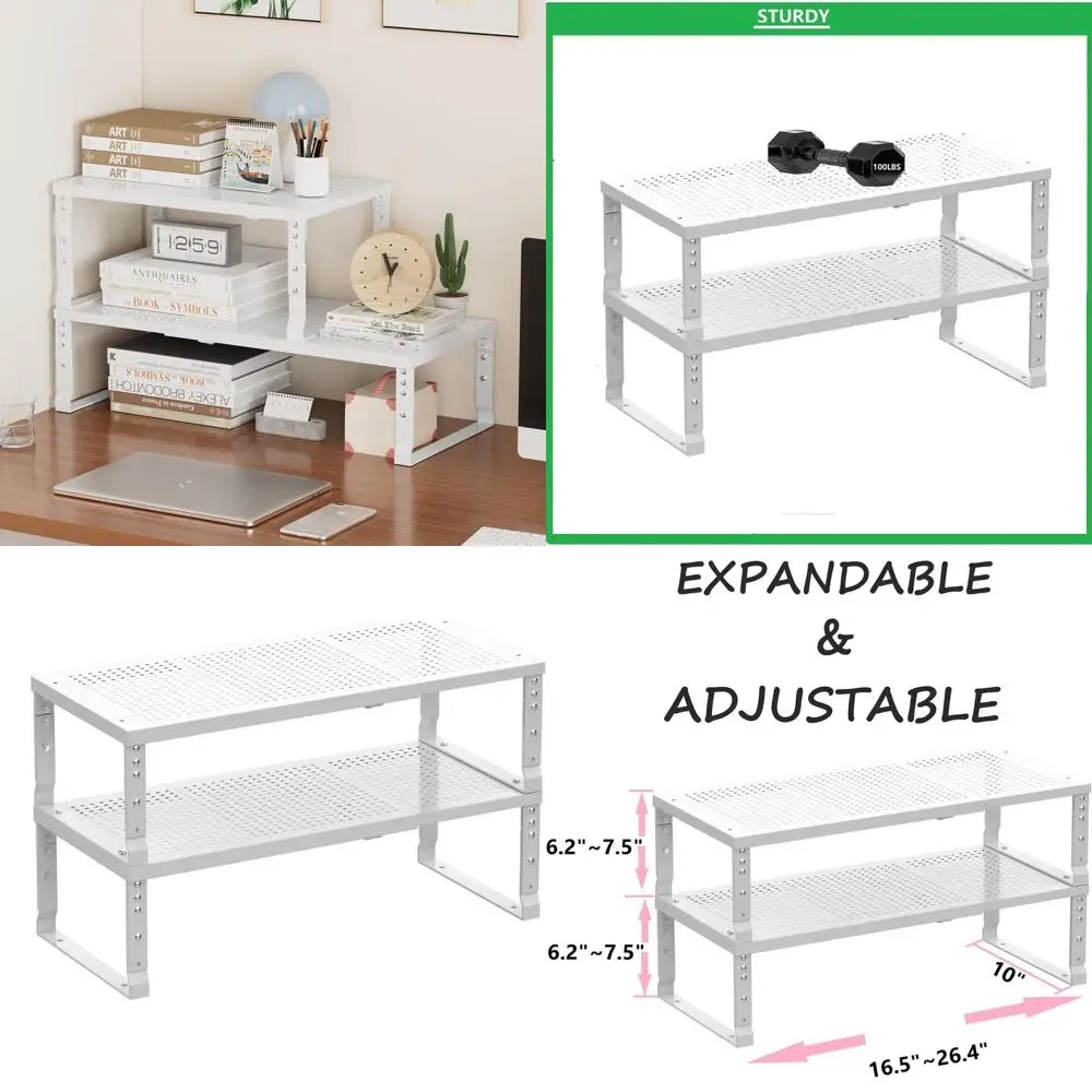 

Expandable Metal Storage Shelves - Versatile Home Organizer for Kitchen, Bathroom, Office, Garage. Large, White.