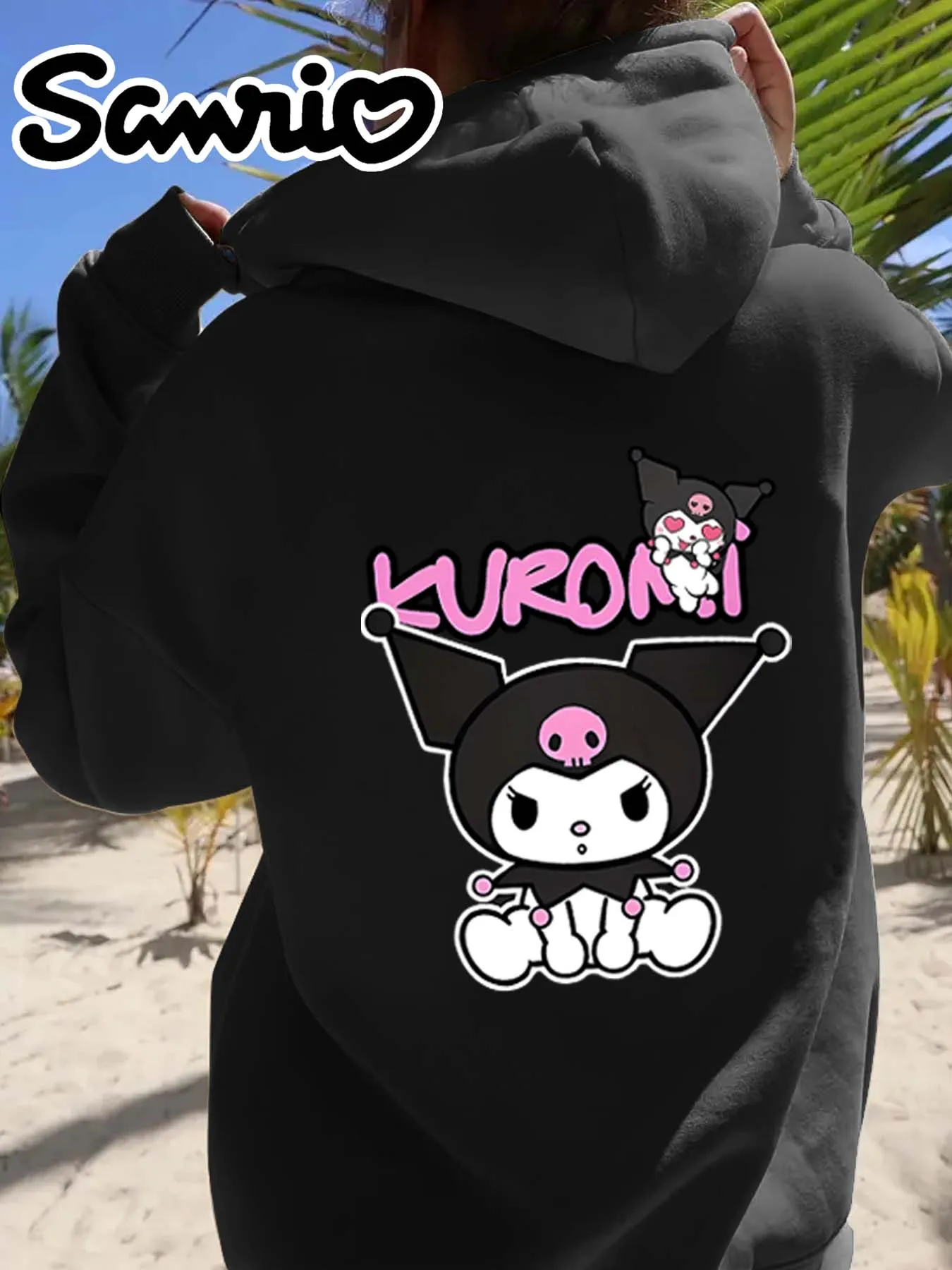 سترة نسائية بغطاء للرأس مطبوعة بشكل لطيف من Sanrio Kuromi بلوفر مطبوع عليه رسوم كارتونية بالإضافة إلى سترة مخملية بقلنسوة للخريف والشتاء كاجوال