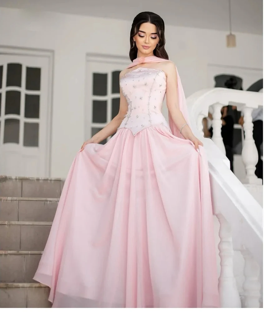 

MCDV Customized Graceful Chiffon Crystal 3D Flowers Ribbons Evening Dress Temperament Strapless Sleeveless Celebrity Gowns