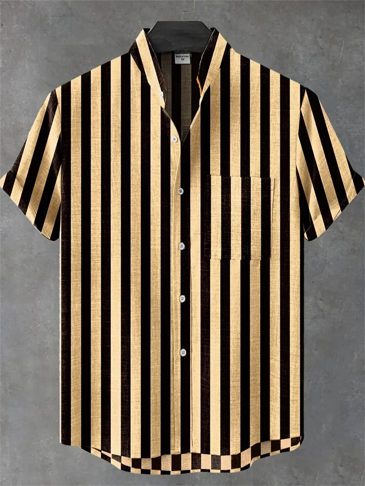 New Men's Striped Linen Short Sleeve Shirt Comfortable Stand Collar Button Shirt Hawaiian Shirt Fast Shipping