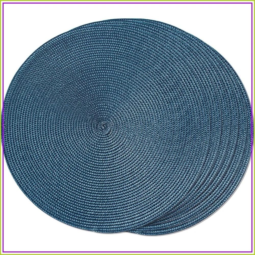 Round Braided Placemats Set of 6 - 15 Inch Woven Table Mats, Washable Non-Slip, Blue
