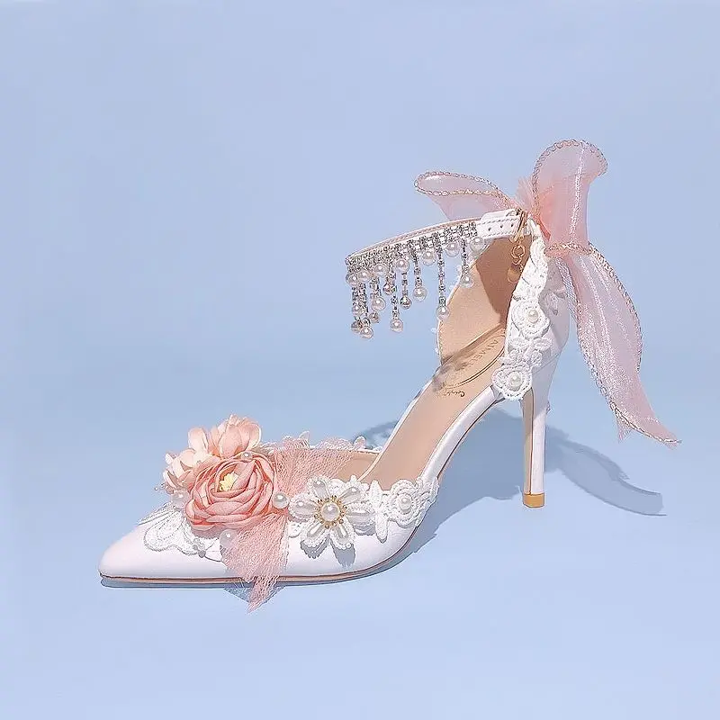 Lolita Bride Shoes 2024 New Pearl Rhinestone Pink High Heels for Women Sweet Flower Knot Bridal Shoes