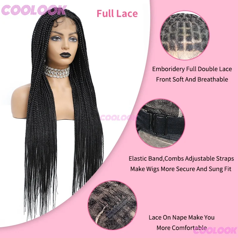 36" Synthetic Full Lace Braided Wigs For Balck Women Knotless Box Braid Wig Braid African Braided Wigs Cornrow Braids Lace Wigs