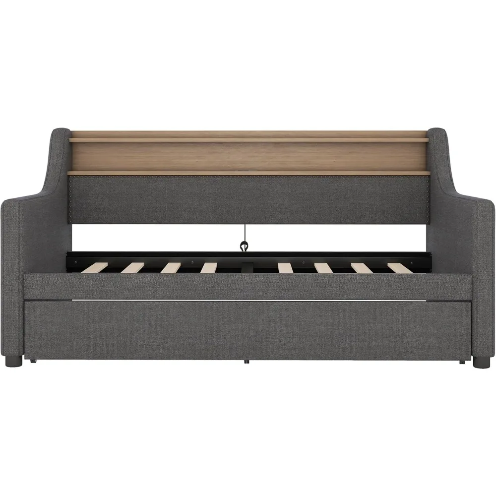 سرير نهاري منجد مزدوج من softsea مع دولاب، وسرير نهاري منجد مع لوح أمامي لخزانة الكتب ومنافذ USB وأضواء LED، قماش كتان د #5