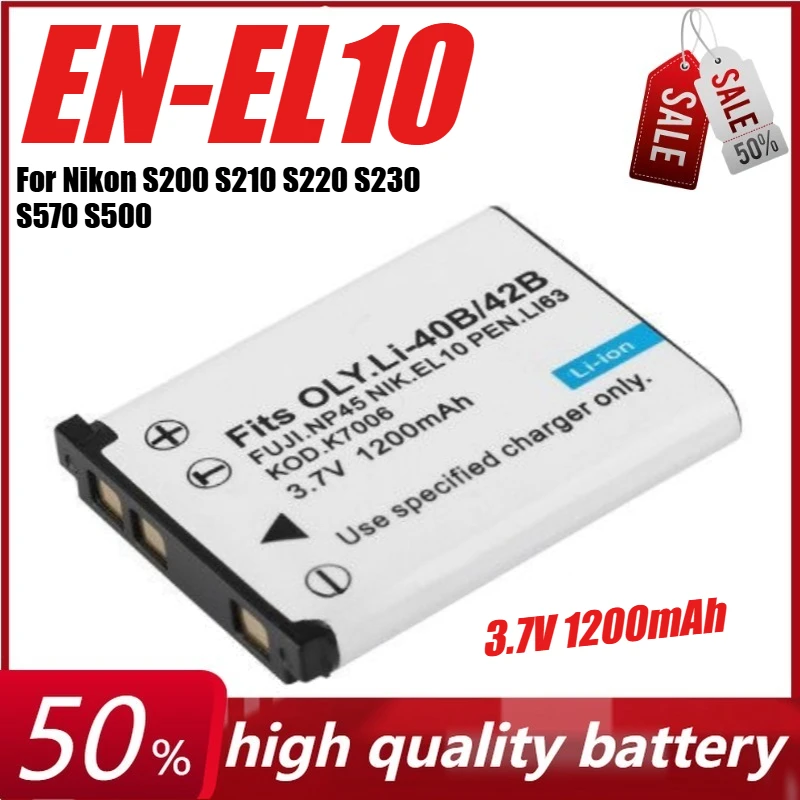

3.7V 1200mAh EN-EL10 Li-42B Li-40B NP-45 D-Li63 D-Li108 NP-80 Camera Battery for Nikon S200 S210 S220 S230 S570 S500