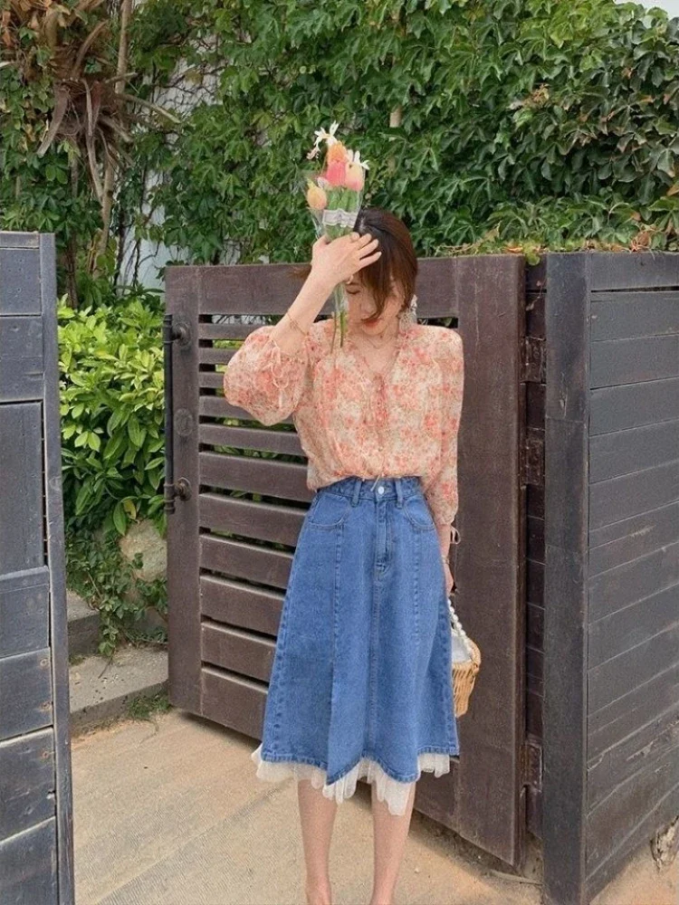 

Elegant Fashion Midi Lace Splicing Women's Denim Skirt Trend 2025 Korean Style Clothing Y2k Vintage Luxury Female Jeans Skirts