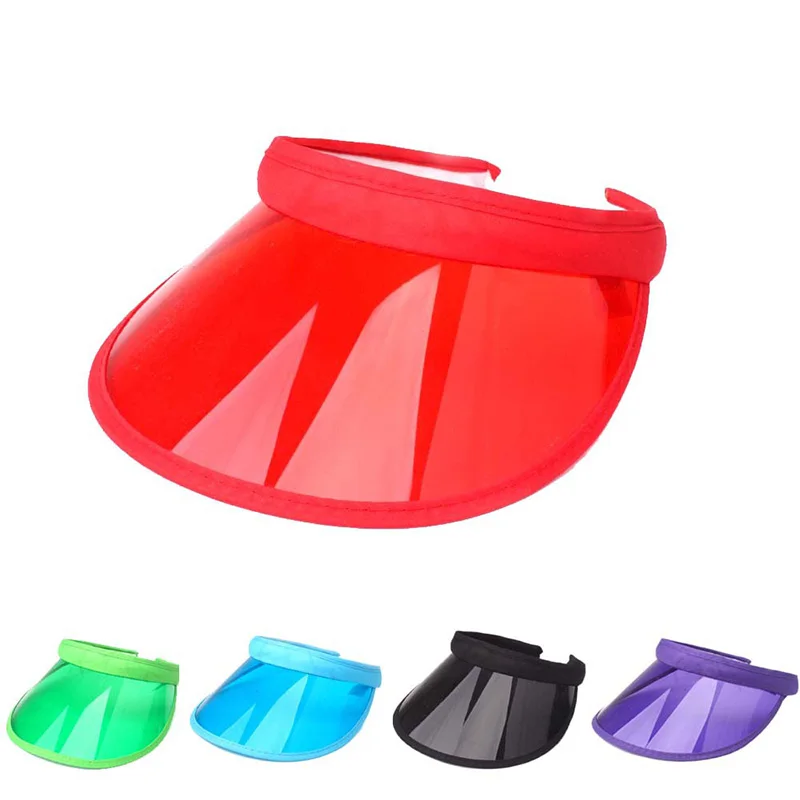 Summer PVC Sun Visor Hats Women Men Anti-UV Sunscreen Cap Candy Color Transparent Empty Top Cap Big Brim Outdoor Sport Beach Hat