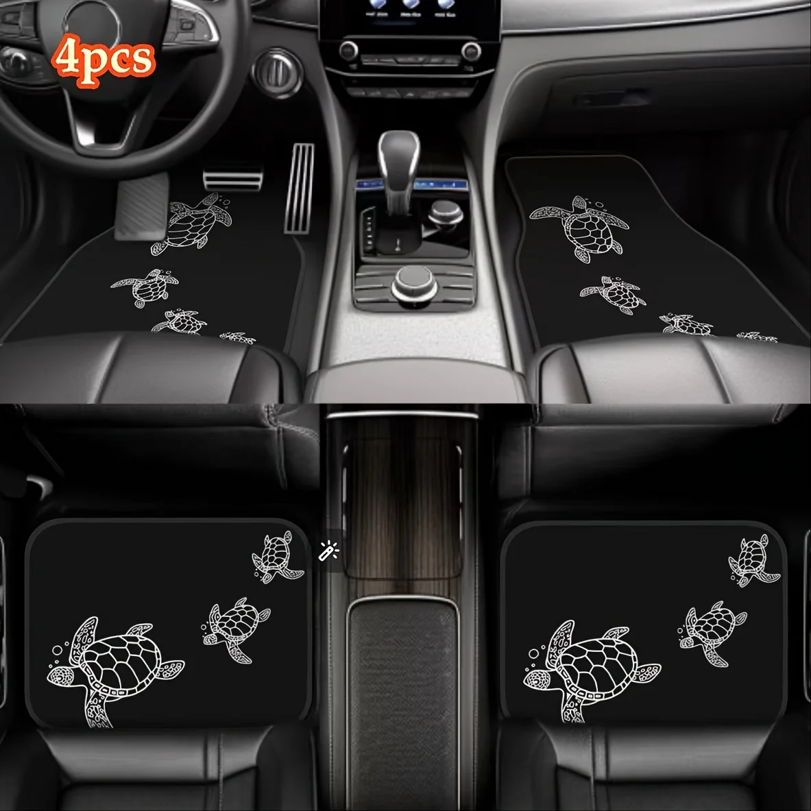 

[Stylish Turtle Car Mats] 4pcs Cute Turtle Pattern Car Mats - Stylish & Durable Polyester Floor Mat For Front & Rear Seats, All-