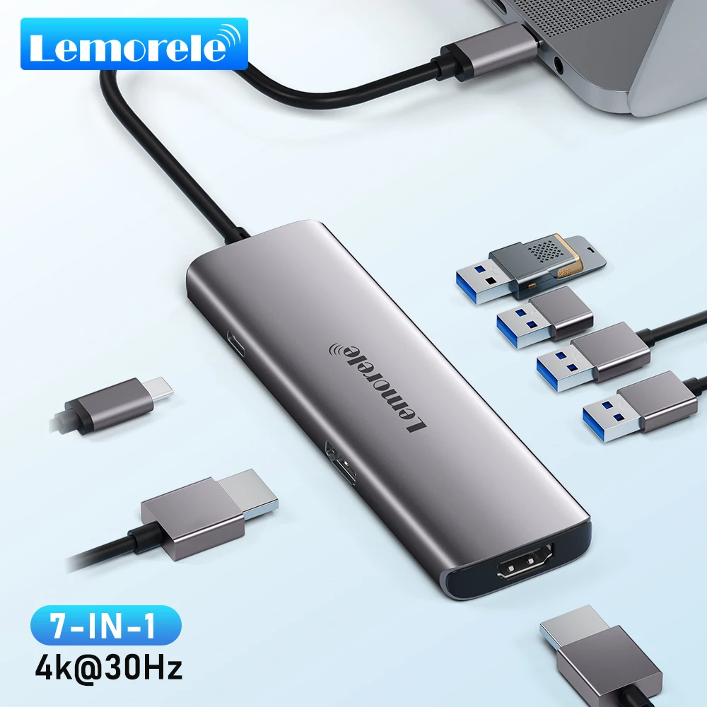 Lemorele TC66 Type-C HUB 7-IN-1 USB Splitter to dual HDMI 4K@30Hz 5Gbps 100WPower Delivery USB Docking station for Windows MacOS