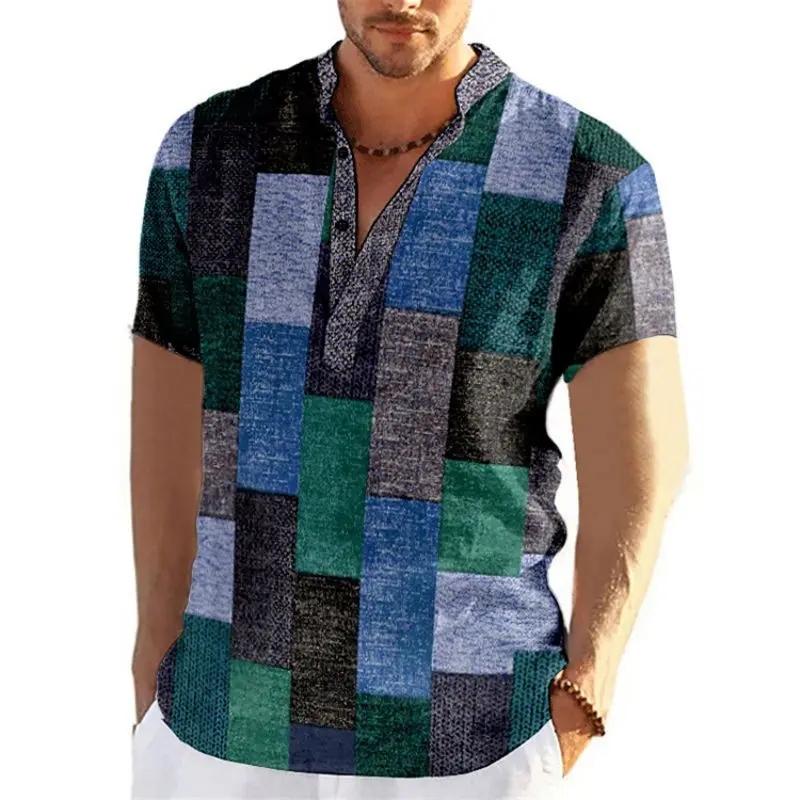 Vintage Patchwork Color Block 3D Print Henley Shirts Men's Fashion Stand Collar Short Sleeve T Shirt Male Tees Tops Man Clothing image 4