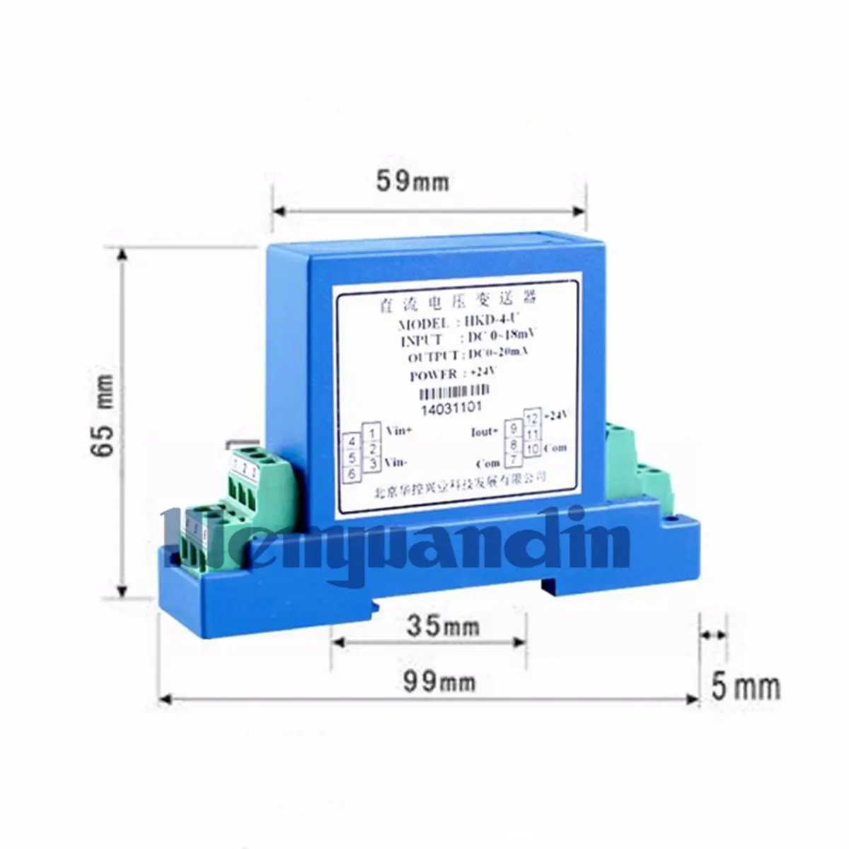 Output 4-20mA DC0-1000V Voltage Sensor Transmitter Isolated Din Rail Module