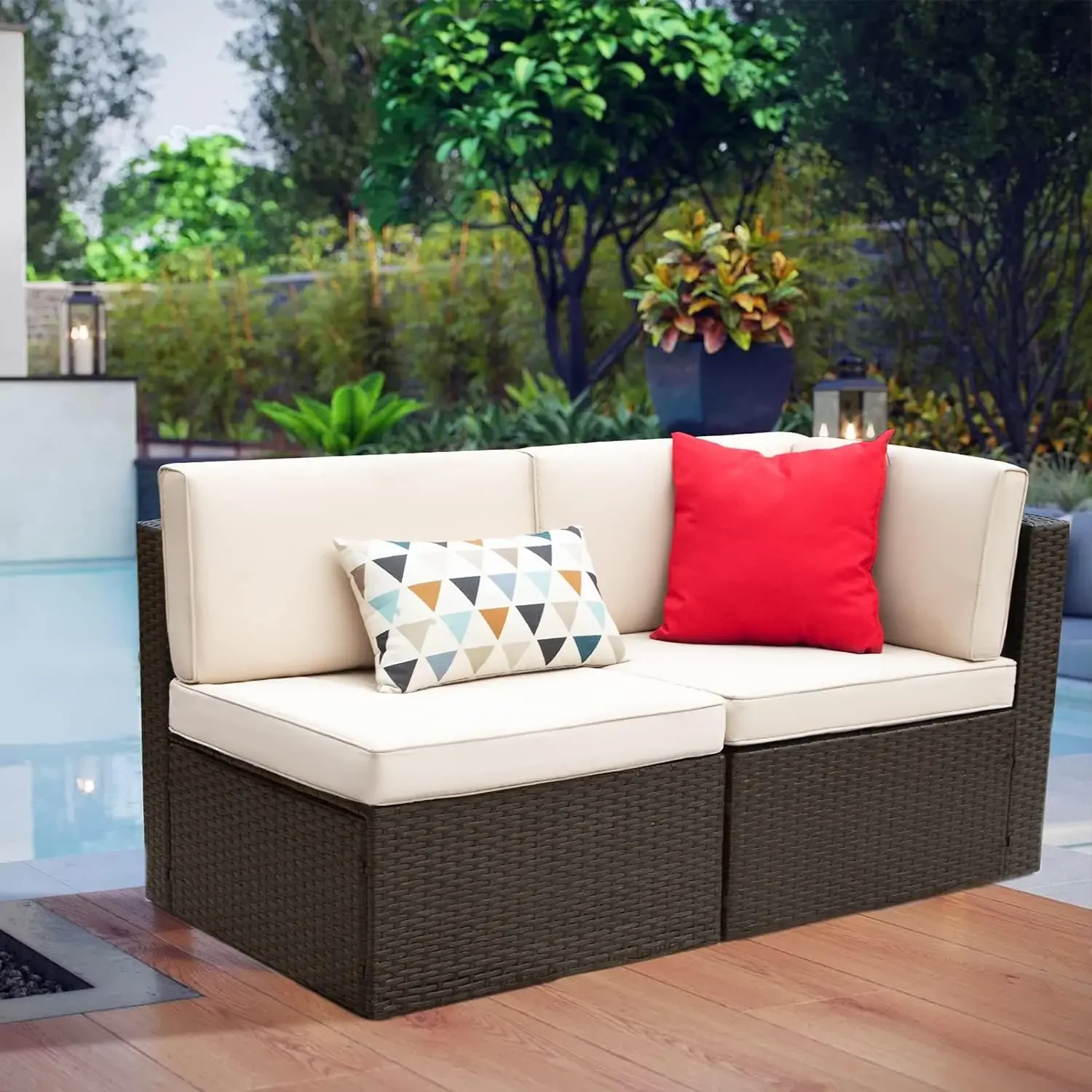 Furniture Sets Outdoor All-Weather Sectional Corner and Armless Sofa (Beige, 2 PCS Patio Set)