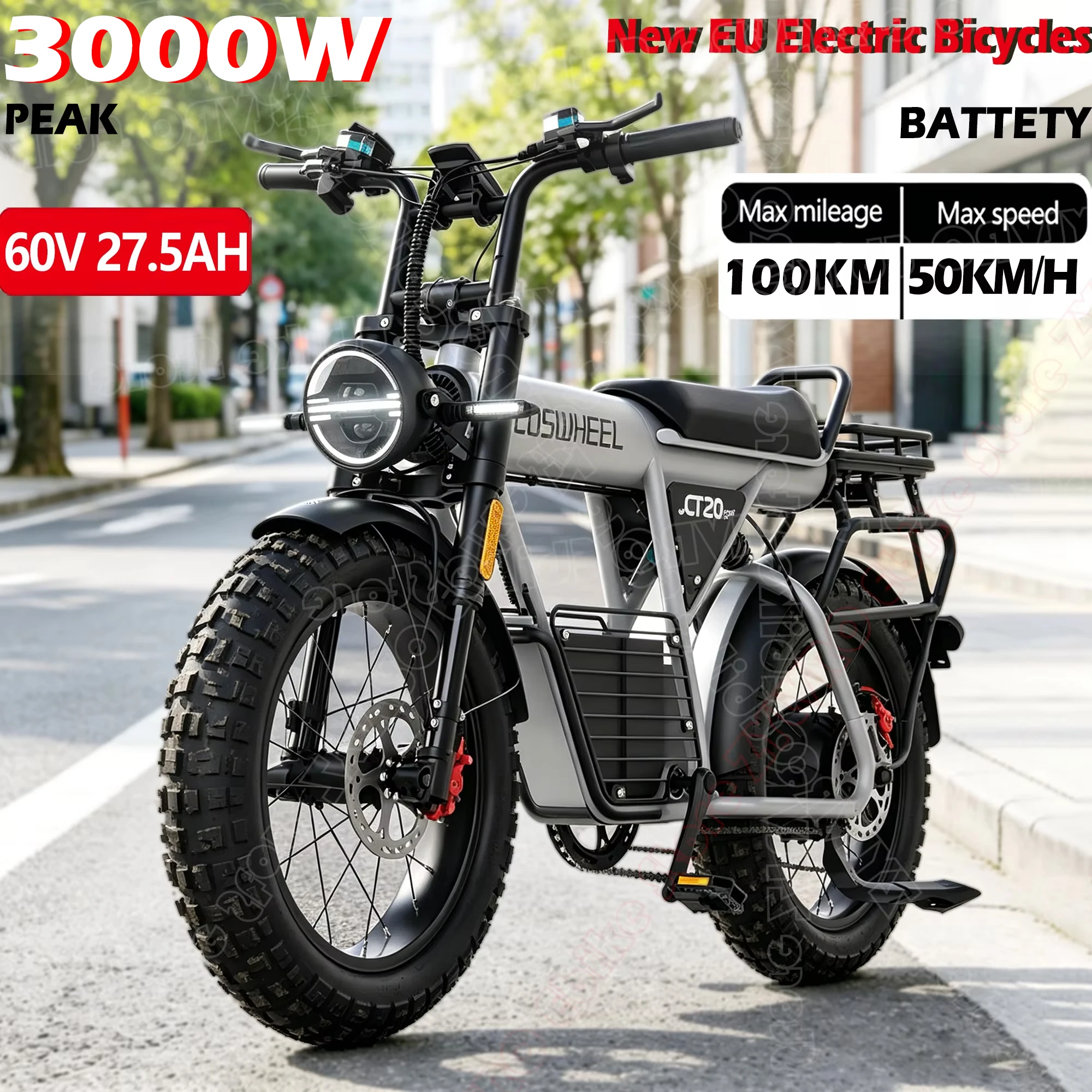 

COSWHEEL CT20S E-Mountain bike For Adult 60V 27.5Ah Battery Double Hydraulic Disc Brakes 20"*5.0 Fat Tire Off-Road E-bike