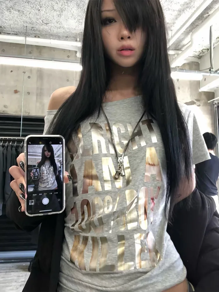 Summer Women Y2K Grunge Streetwear Party Gold Foil Letter Print Heather Grey Loose Fit Off Shoulder Short Sleeve Casual T Shirt