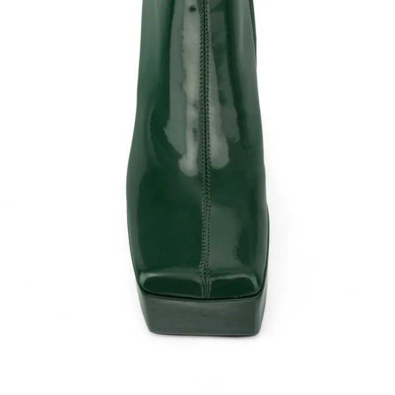 Bottes courtes en cuir microfibre de couleur unie, noir/rouge/vert foncé, plateforme imperméable, talon carré de 12cm, bottines d'hiver 35-45