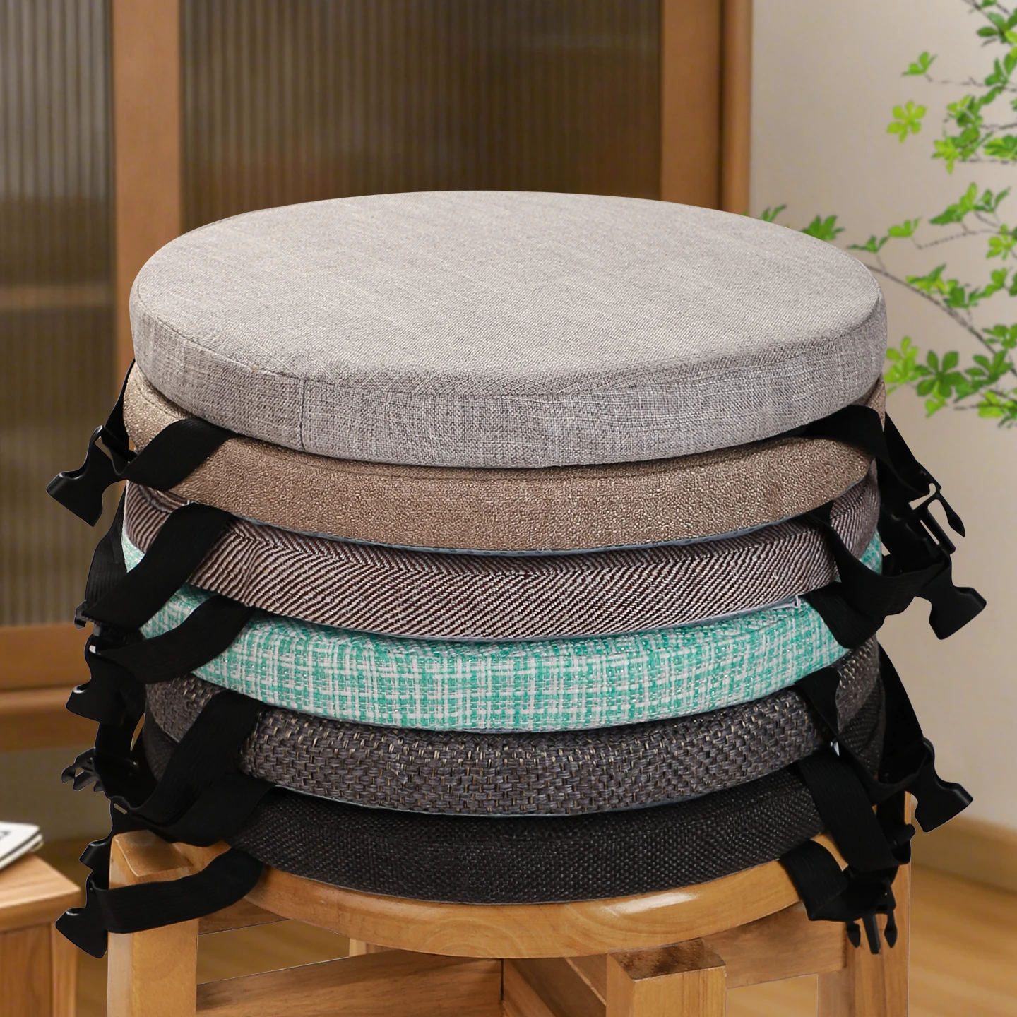 Removable Cover Thickened round  Cushion with Strap for Wicker Chair All Season Universal High Footstool Sponge Butt Pad