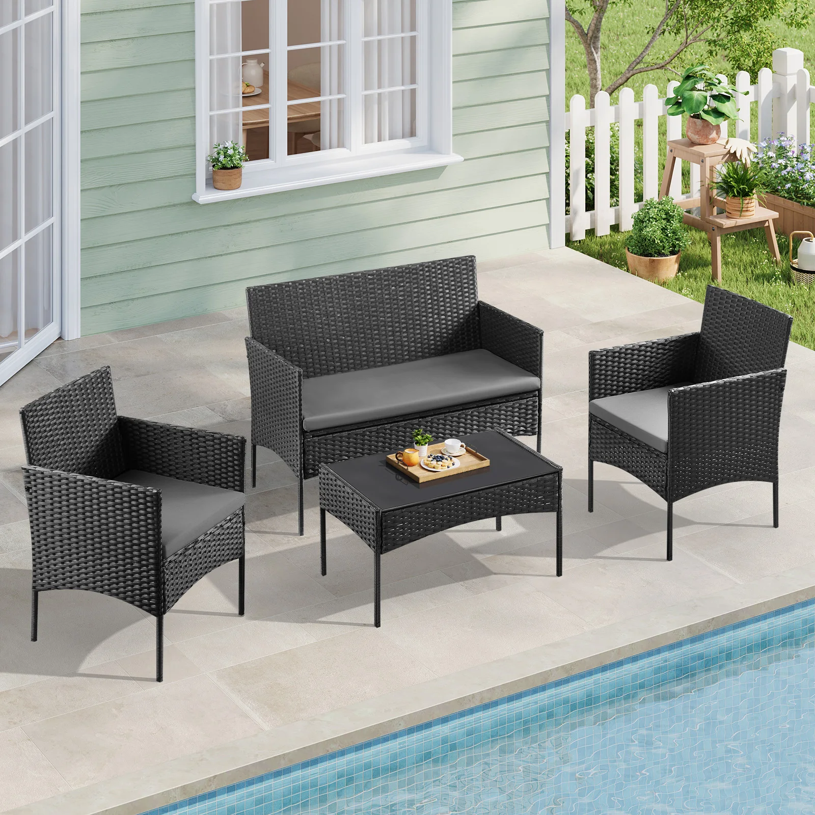 WOLTU Rattan-Gartenmöbel-Set, Couchtisch, 2 Sessel und Sofa für 2 Personen, mit Kissen, wetterfest, für Balkon und Garten