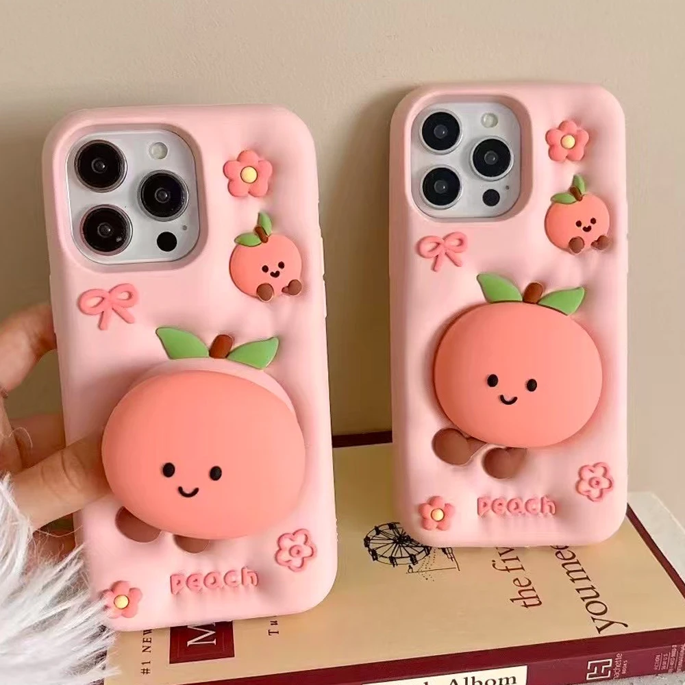 

Take a Bite! 3D Cute Peach Phone Cover for iPhone 12 13 14 15 16 Pro Max– Soft Silicone Case with Built-in Telescopic Bracket