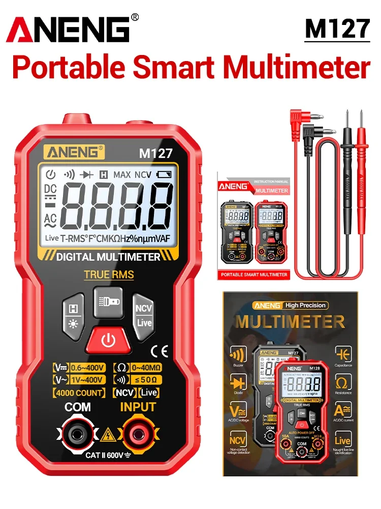 

ANENG M127 Mini Digital Multimeter 4000 Counts AC/DC Voltage NCV Portable Ohm Buzzer Tester LCD Auto Identify Tool for DIY Home