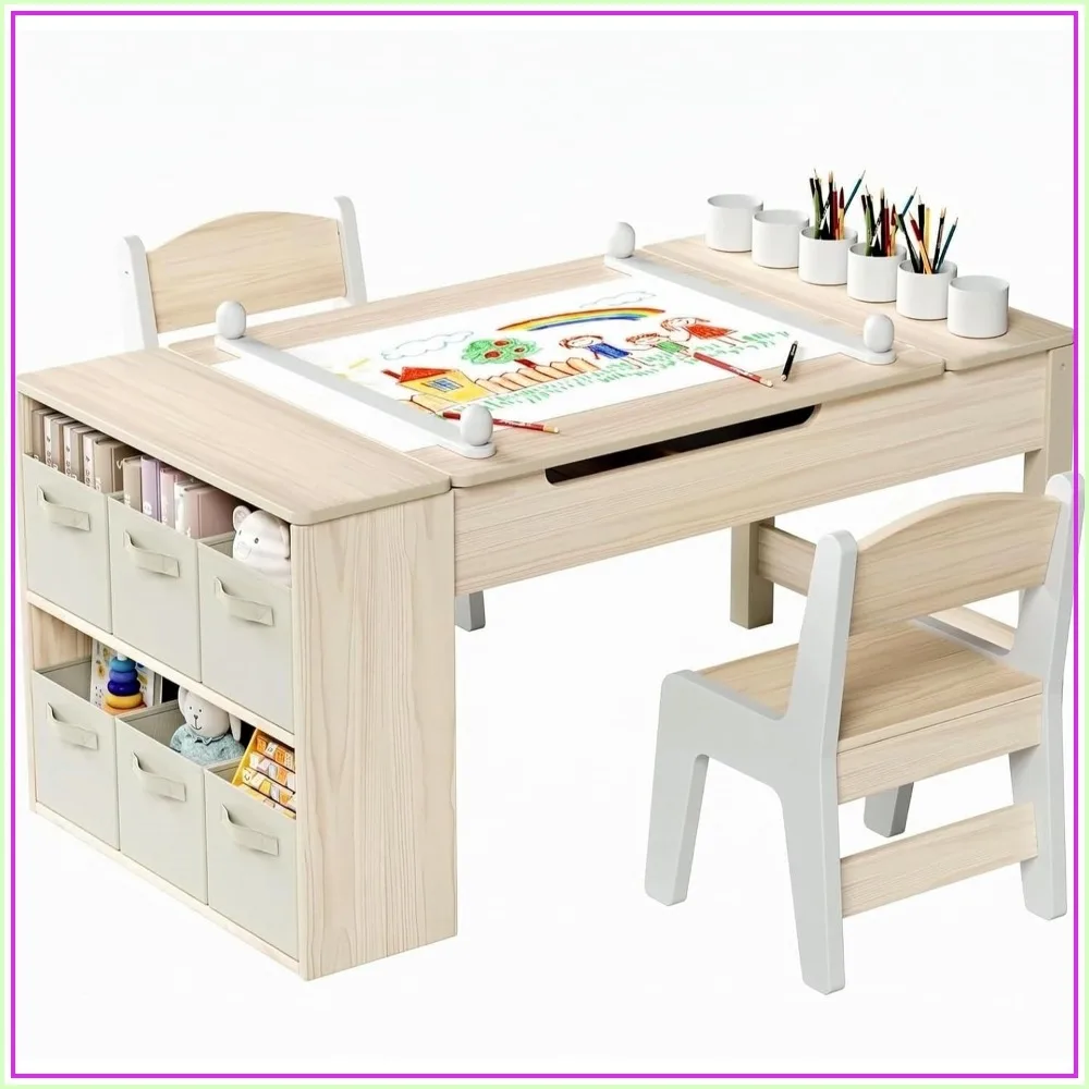 Kids Art Table and Chairs Set with Easel, Toddler Craft Desk for Drawing and Painting
