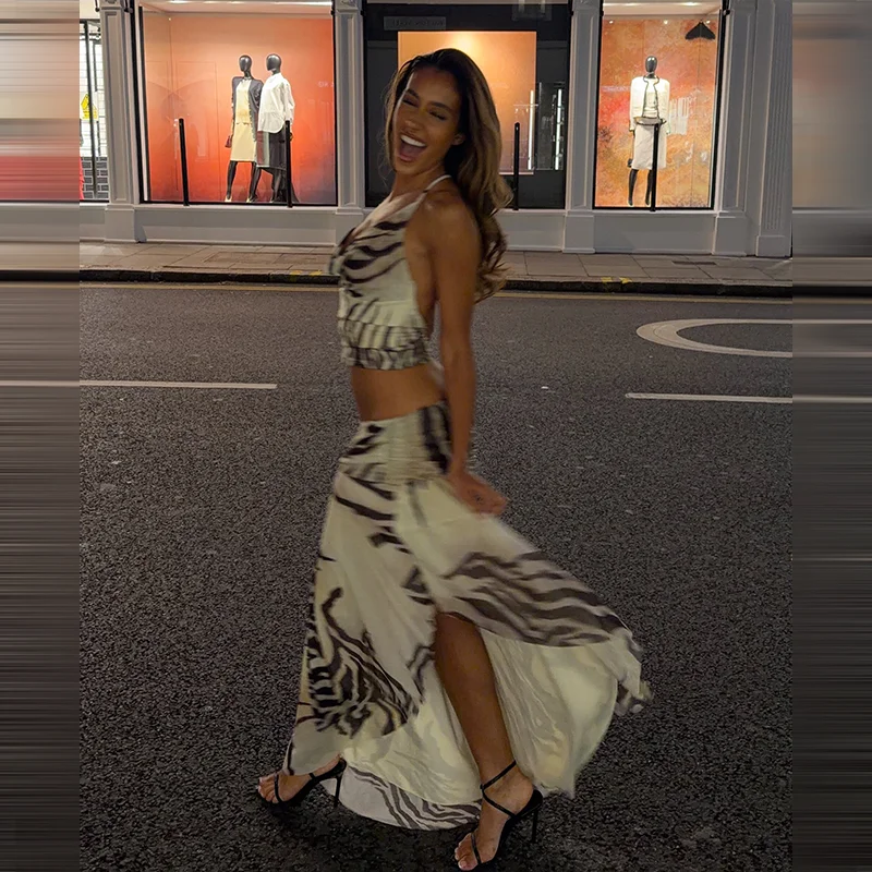 2026 Summer Women Zebra Print Mesh Matching Set Halter Cowl Neck Open Back Crop Top  Wrap Maxi Skirt Vacation Night Out Outfit