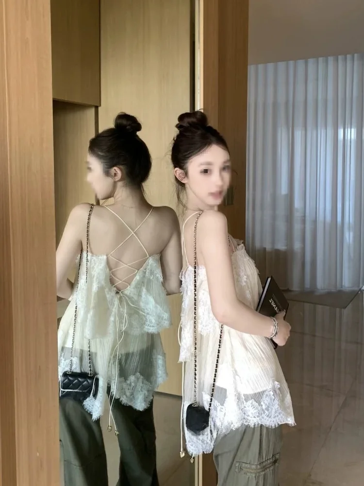 Elegant Lace Backless Romantc Atmosphere Spring New Style Women's Miniature Strapless Blouse Version Vest Top Casual Wear