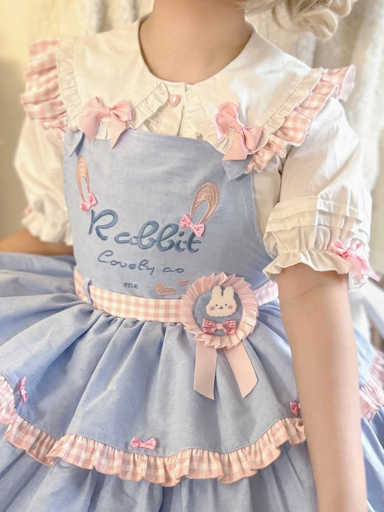 KIMOKOKM Japanese Sweet Pullover Shirt Peter Pan Collar Rabbit Ear Ruffled Kawaii Bow Puff Sleeve Basic Lolita Blouses Shirt