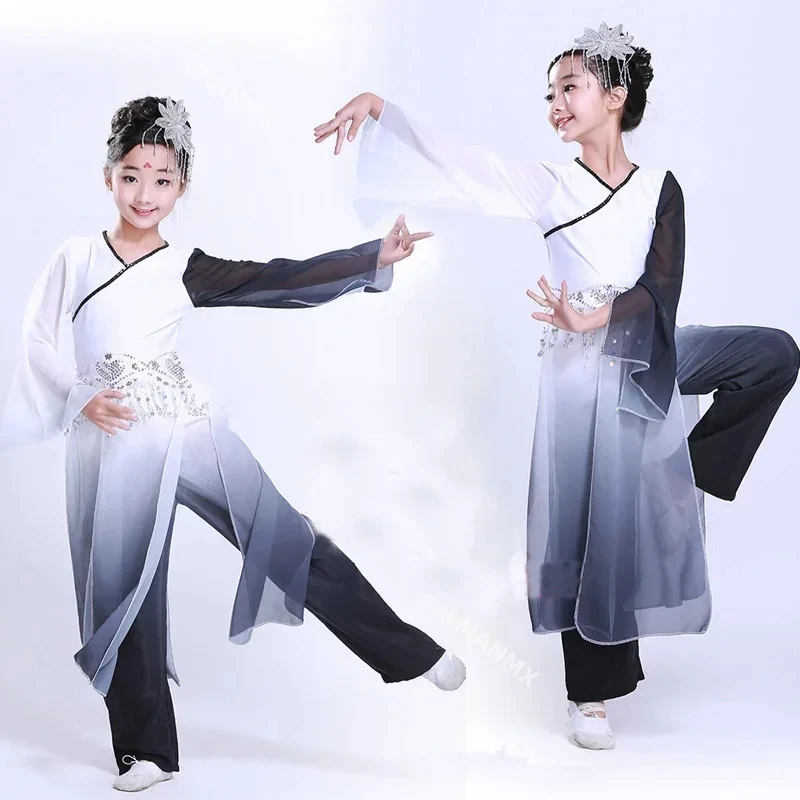 Big Sleeve Ink Child Chinese Classic Yangko Dance Costumes Girl Fan Dance Clothing Stage Chinese Ancient Folk Dance Clothes