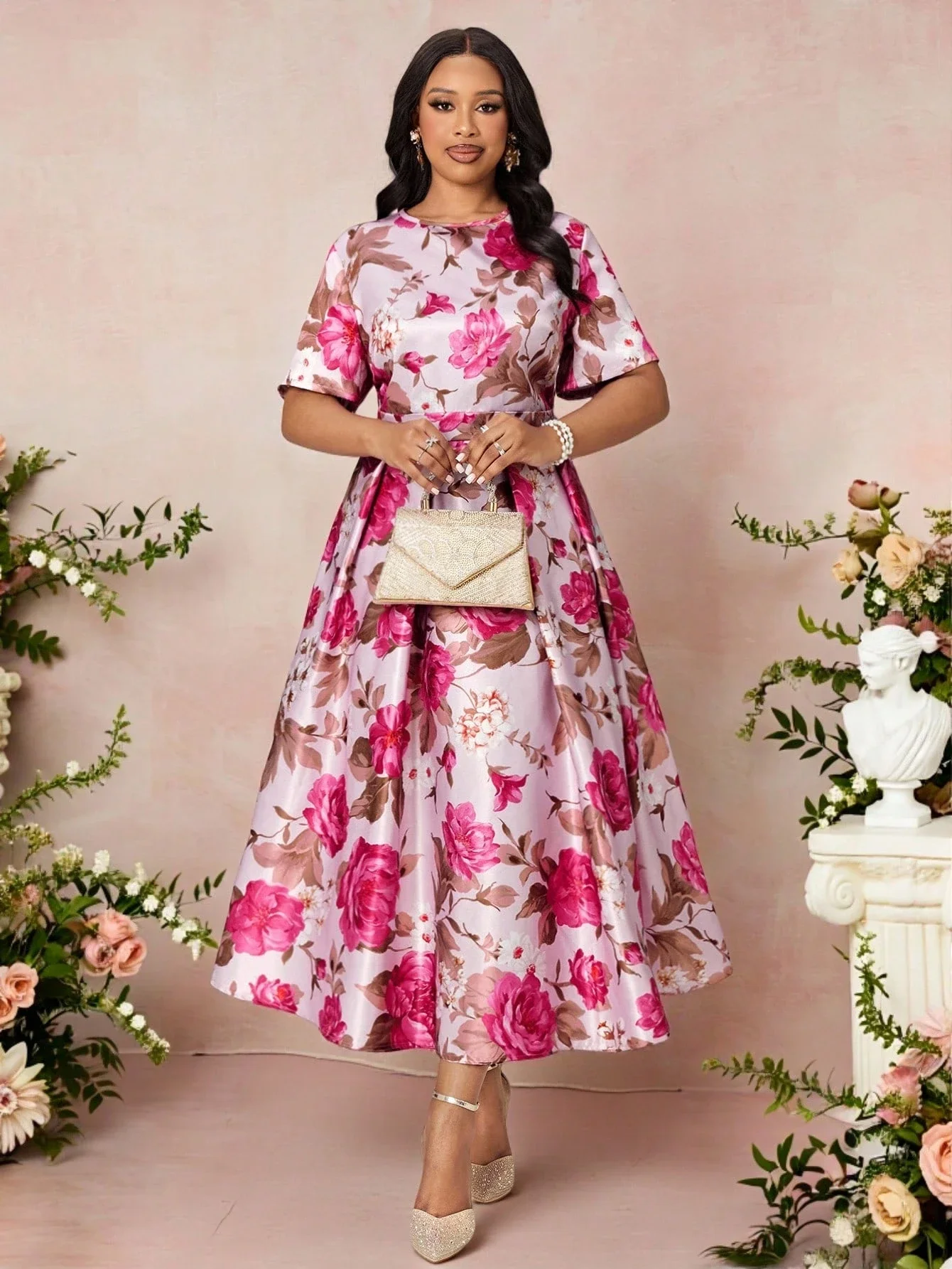 

Elegant Floral Print Short Sleeve Pleated A-Line Midi Dress For Women Spring Summer