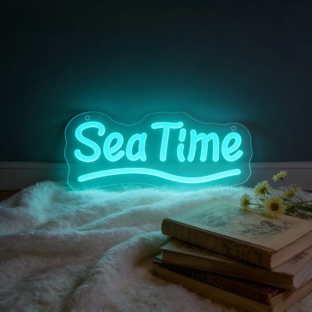 Sea Time LED Neon Sign Blue Green Glow for Bedroom Living Room Coastal Beach Theme Relaxing Atmosphere Aesthetic Home Wall Decor