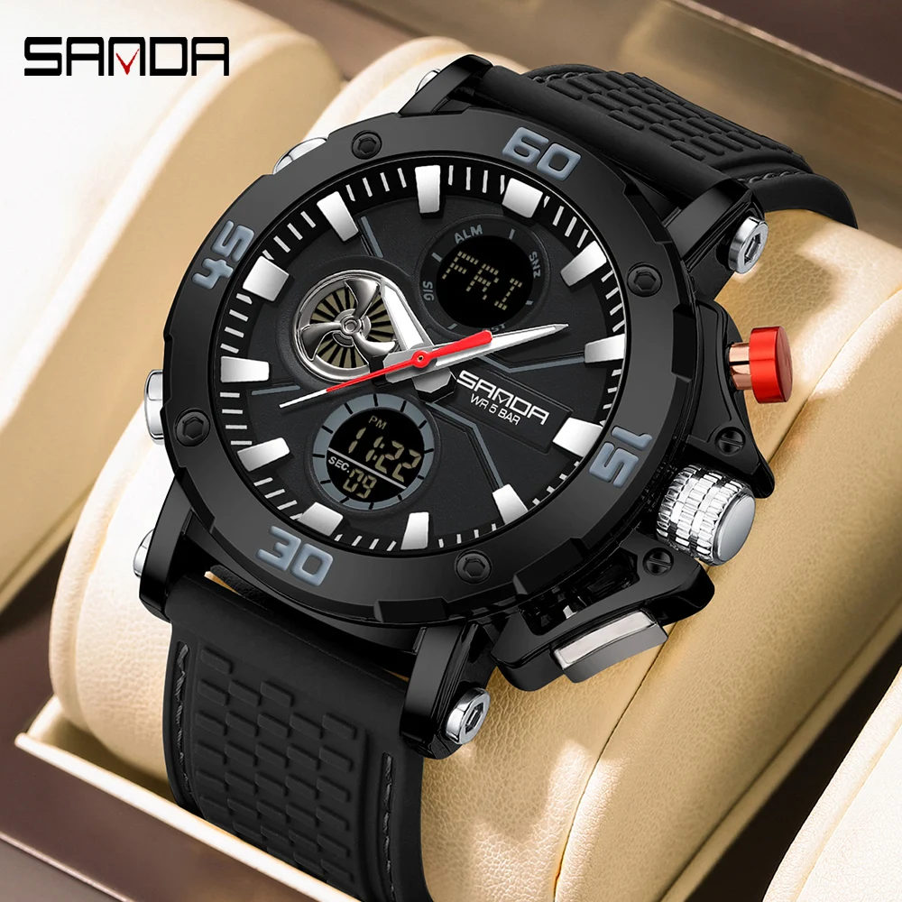 SANDA Watch TPU Strap Dual Display Wristwatch for Men Chronograph Alarm Clock Countdown Function Luxury Man Watches