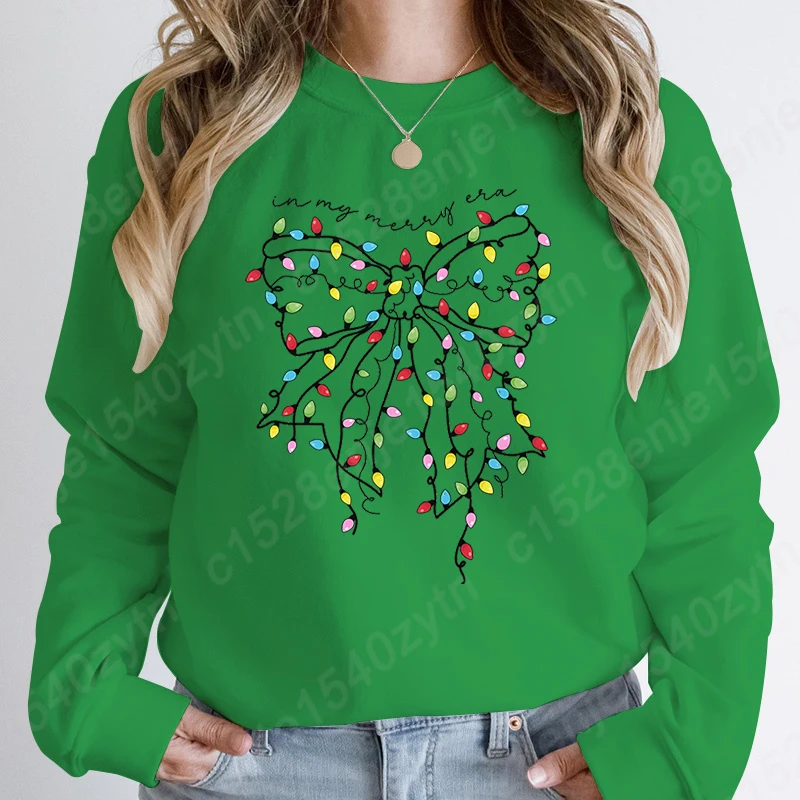 

Christmas Light Bow In My Merry Era Print Pullovers Women Round Neck Pullovers Creative Solid Color Casual Hoodeless Sweatshirts