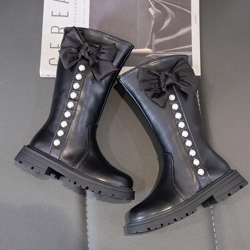 

Осень-зима 2022, новые высокие сапоги для девочек, универсальные детские сапоги принцессы до середины икры с большими бантами, детские кожаные сапоги в корейском стиле