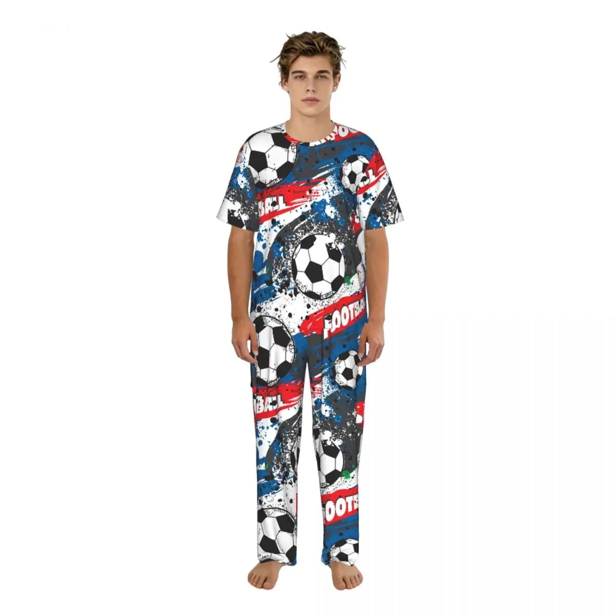 Men's short-sleeved pajamas two-piece trousers France Football Championship With Ball And France Flag home wear suit sleepwear