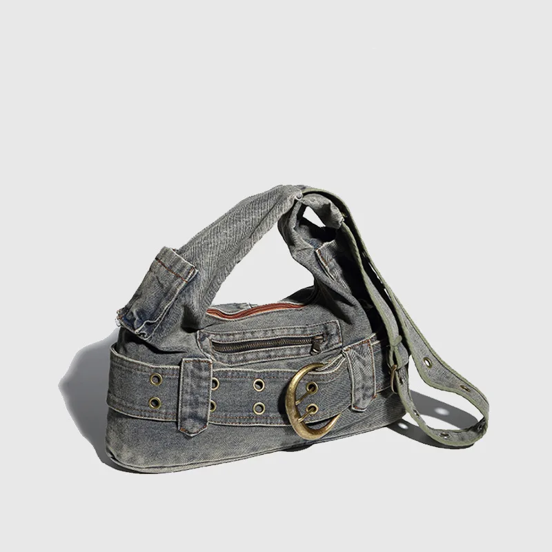 

Niche Vintagedenim Underarm Y2K Tote Bag Unique Single Shoulder Slant Cross Bag Commute Buffalo Horn Motorcycle Bag For Women