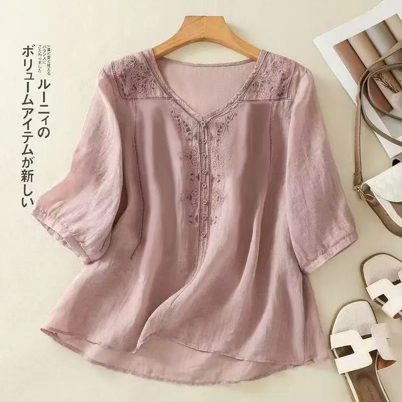 เสื้อย้อนยุค V คอปักฤดูร้อนหลวมวรรณกรรมเสื้อด้านบน
