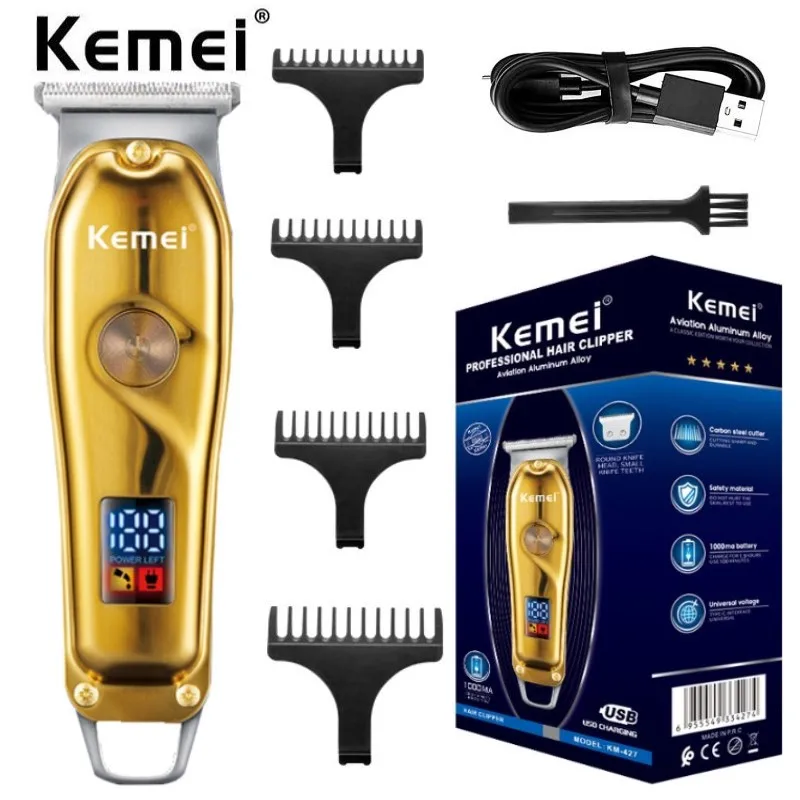 Kemei Rechargeable Hair Trimmer Zero Cut Detail Clipper Cordless Gold Metal Hair Cutting Machine for Men Edge T-blade 6800rpm