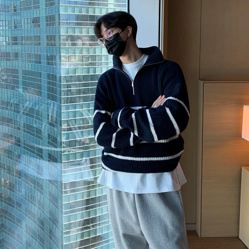 Autumn New Fashion Korean Style Men's Casual Trendy Loose Simple Basic Turn-down Collar Long Sleeve Half Zipper Knitted Pullover