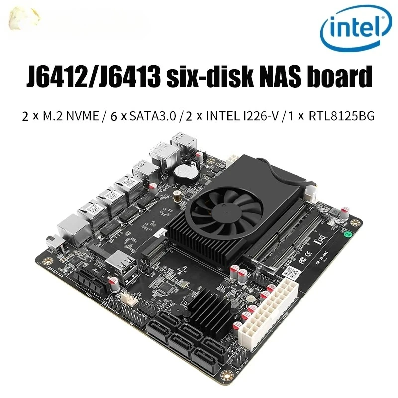 Placa-mãe NAS J6413 J6412 2 * Intel i226-V 1 * RTL8125BG 2.5G LANs 2 * NVMe 6 * SATA3.0 2 * DDR4 1 * PCIe Mini ITX Soft Router Mainboard