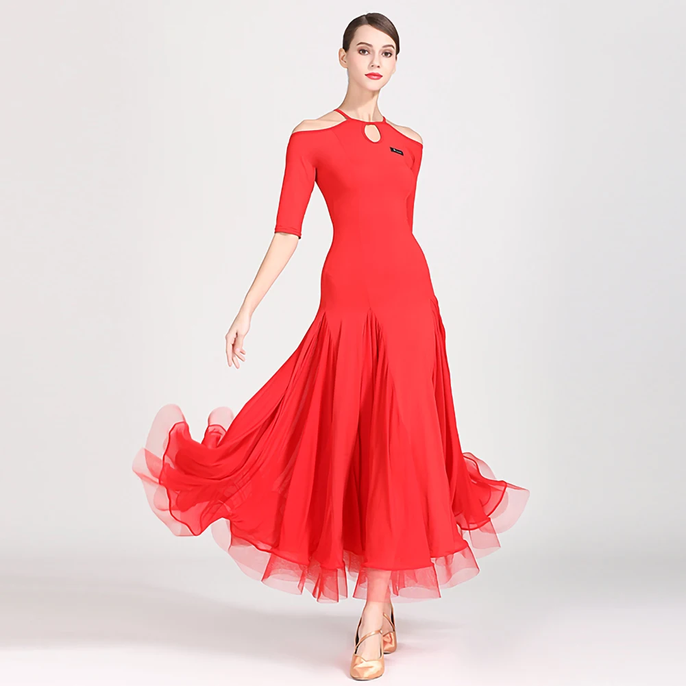 Vestido de valsa moderno, saia espinha de peixe, preto, vestidos de dança padrão para valsa, vermelho, gola redonda, elegante, meia manga, ombro aberto, palco