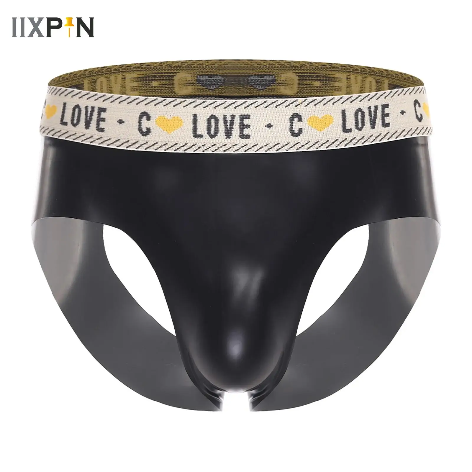 

Мужские мягкие латексные трусы с вырезами, нижнее белье, выпуклая сумка, полые, демонстрирующие, с буквенным принтом, эластичный пояс, нижнее белье с бандажами