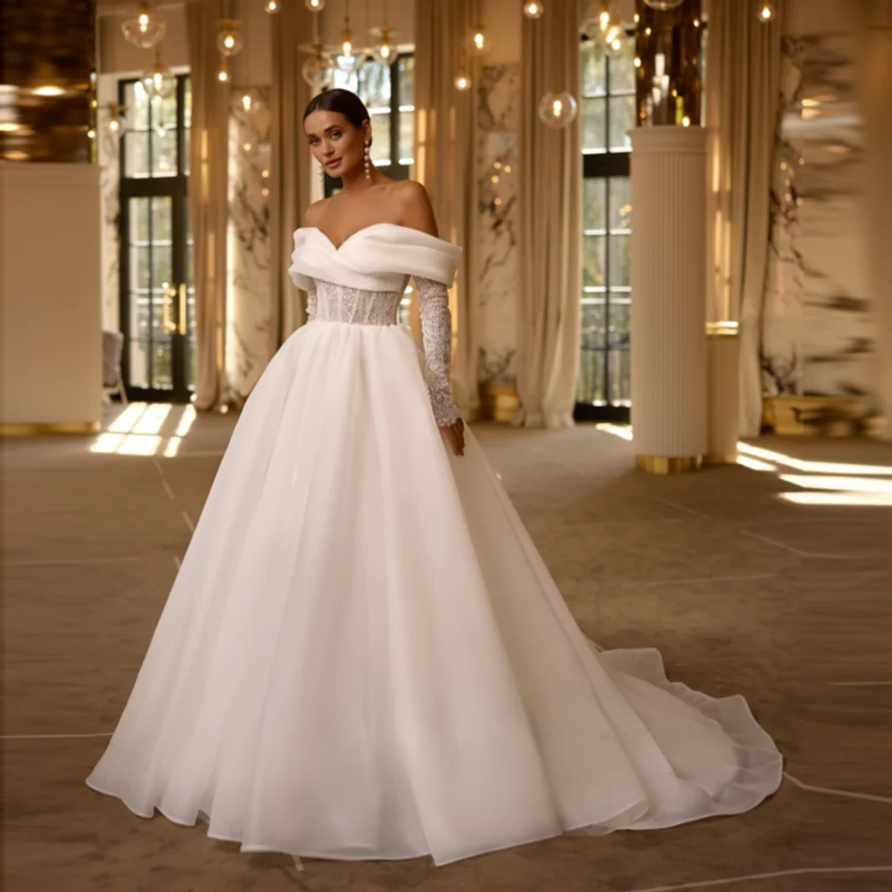 Off Shoulder Organza A-line Wedding Dress for Women with Appliques Lace Corset Court Wedding Gowns Long Sleeve Customized
