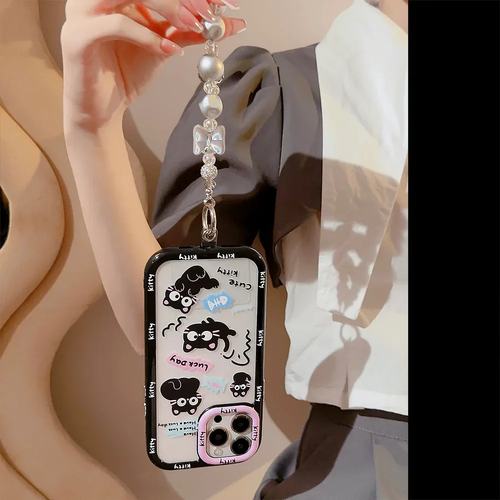 Funny Black Cat kitten Silver cartoon Bracelet Phone Case For iPhone 16 15 14 13 12 11 Pro Max Xr 15 14 16 Plus Case Cute Cover