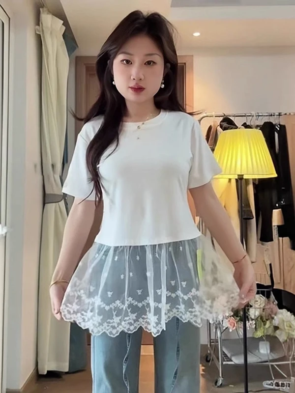 

plus Size Women's round Ne Lace Me Splice ort Sve T-irt Loose Summer Top Versatile plus Size Inner Wear Commute Sle