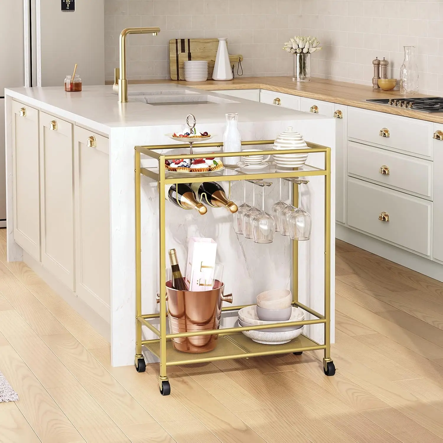 Gold Bar Cart, Serving Cart for Home, Beverage Cart with Wine Rack and Glass Holder, 2-Tier Drink Cart on Wheels